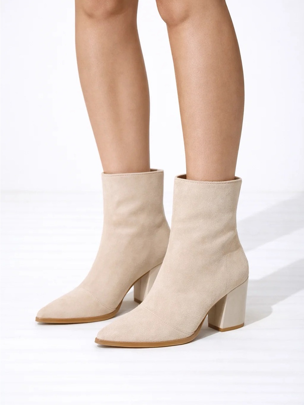 Women’s Beige Pointed Toe Block Heel Ankle Boots